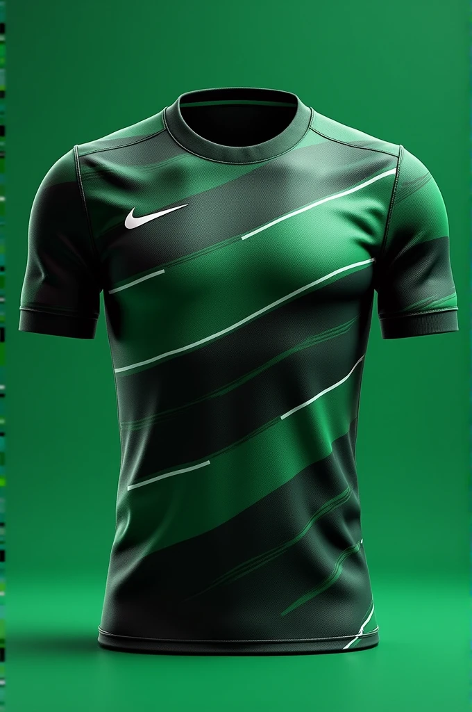 Create an innovative and striking football shirt, highlighting an elegant design in green colors, white and black. Horizontal stripes should be the central element, with a dynamic and harmonious combination that conveys sophistication and strength. The green and black stripes should alternate boldly, while white should highlight the outline of the stripes and add a touch of freshness and modernity. The lines must have a fluidity that suggests movement and agility., with refined details that convey the superior quality of the piece. The shirt must balance aesthetics and functionality, representing the excellence of our brand in every detail.