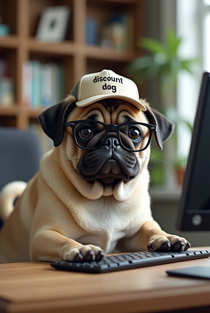 A PUG dog typing on the computer, with glasses and a cap with the words " Discount dog ".