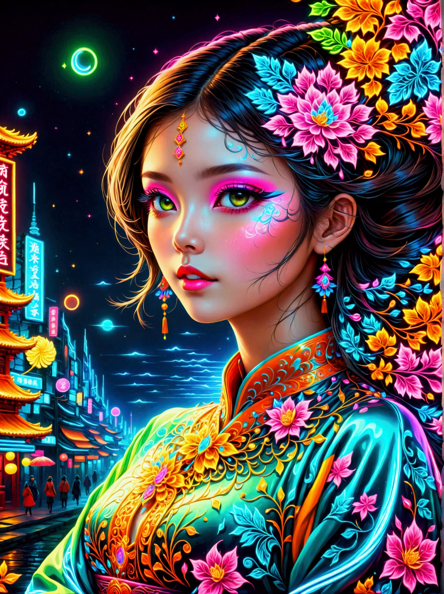 (work of art, Maximum quality, best qualityer, offcial art, Beauty and aesthetics), (1 girl:1.3), extremely detaild, (Fractal Art:1.2), colorfully, higher detail, (禅绕画neon:1.2), (dynamic poses), (抽象的背景neon:1.5), (traditional outfit:1.2), (glowing neon skin), (multiple color:1.4), neon, 8k, Full HD, transparentes, bodypaint