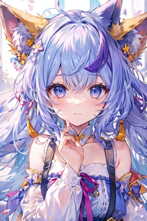 masterpiece, High resolution, Highest quality, One girl, Fox Ears, ribbon, Purple Hair, Blue Hair/Light blue hair,