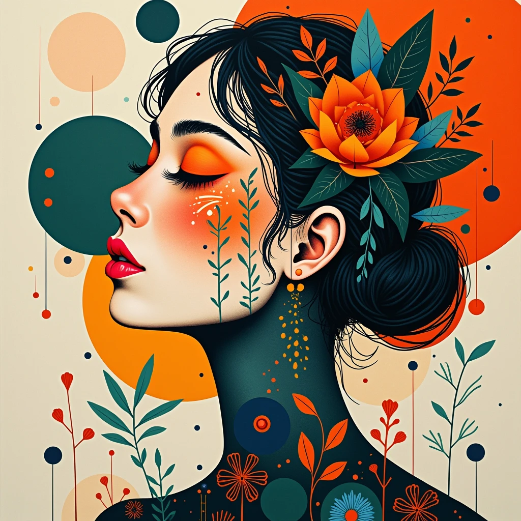 A striking minimalist abstract painting featuring a woman's profile. Her face is delicately adorned with a myriad of geometric
shapes, patterns, and floral motifs, creating a harmonious blend of nature and urban art. The vibrant color palette consists of bold oranges, blues, and greens, adding a dark fantasy element to the piece. The serene expression on her face, with her eyes closed, contrasts with the intricate designs, evoking a sense of tranquility amidst chaos., vibrant, illustration, dark fantasy, painting