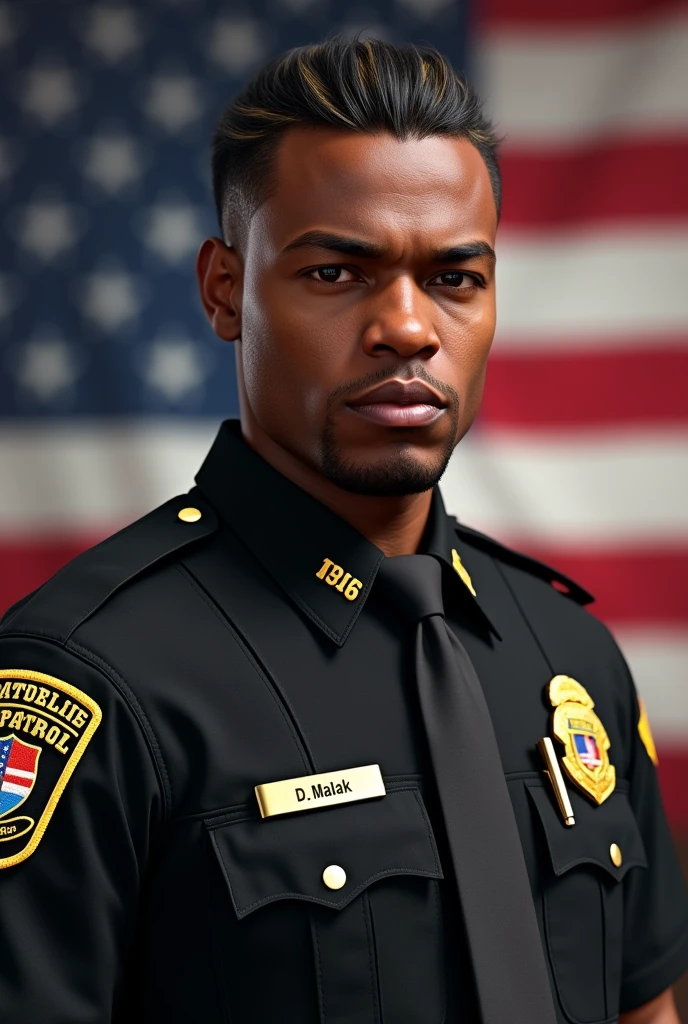 Photo realistic picture from the front. Light skin black male character with slicked back black hair with blonde highlights ,  patch that says San Andreas Highway Patrol, American flag patch on the right arm and department patch on left arm, name on gold name plate on the right side of chest with D. Malak on it, black, grey, and gold uniform with Lieutenant rank insignia on the collars of the uniform shirt, American flag in the background. Ensure that San Andreas Highway patrol is clearly visible 