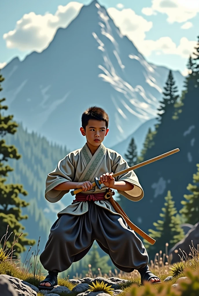 Mountain、Boy with wooden sword、kimono、sharp、Real、Practice、Training