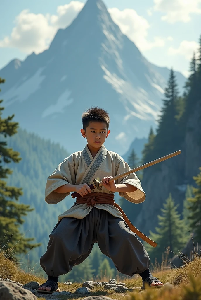 Mountain、Boy with wooden sword、kimono、sharp、Real、Practice、Training