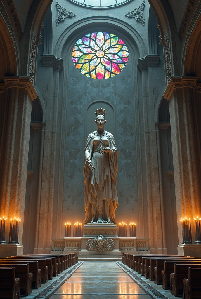 This hall is grand, with marble walls and colored stained glass windows depicting an elf mage ((She has the face of model Gisele Bündchen) in a broken and vandalized marble statue. At the center, an altar carved with his bust, and around it, black candles lit. Many temple benches for prayer. The whole environment exudes an aura of pride and authoritarianism..
