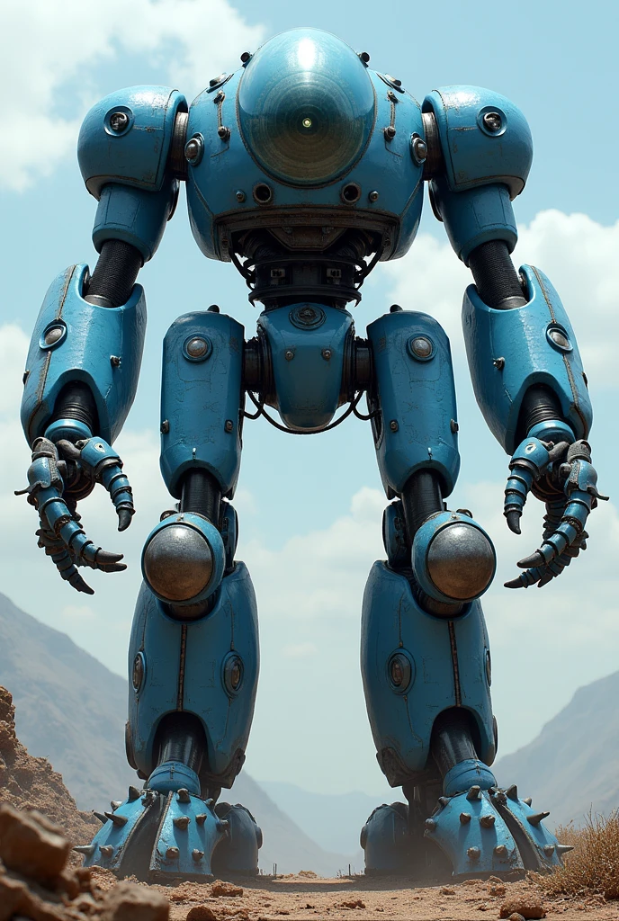 Giant blue robot with a glass cabin with an eye inside and arms with spiked balls on the end and robotic legs resembling an octopus