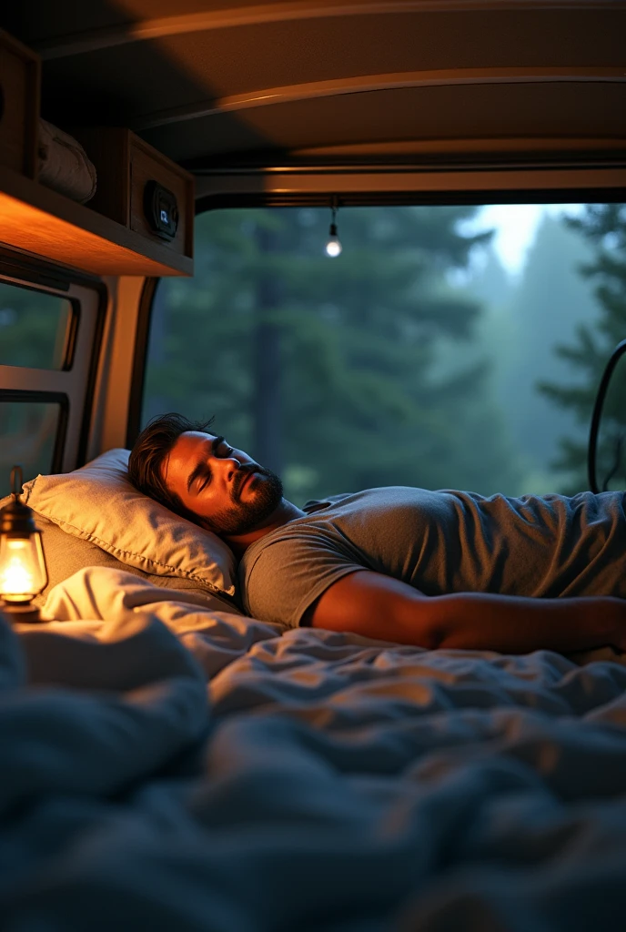 A man sleeping in the van car camping