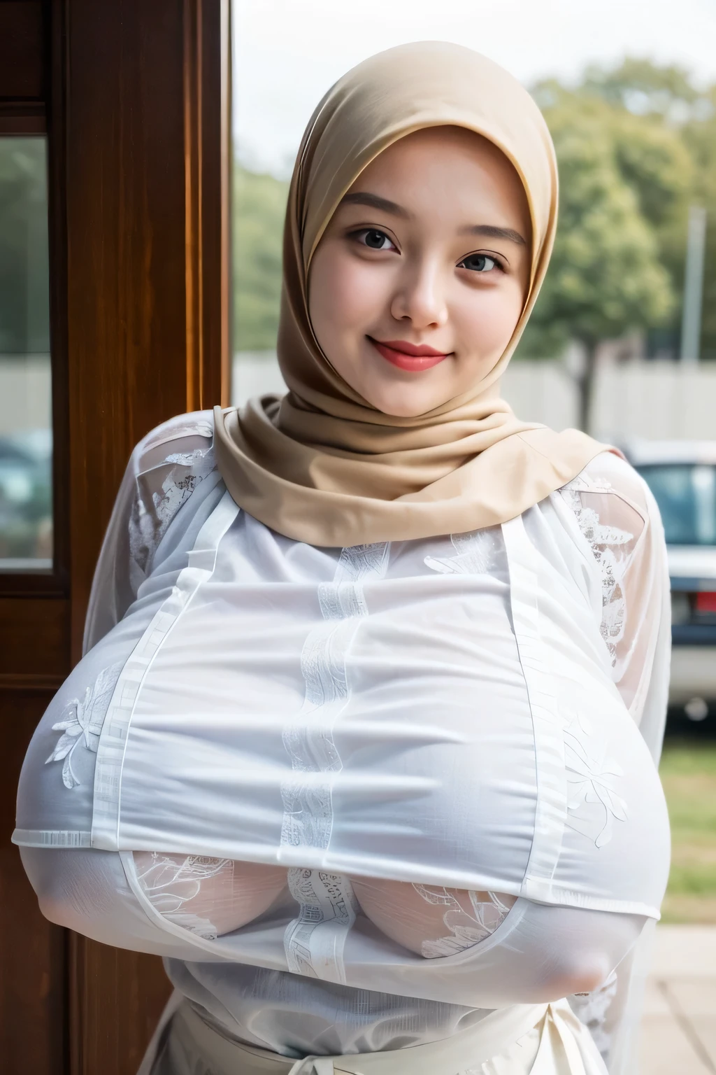 adorable, 1 girl, (face to face), , baby face, happy, medium portrait, (face details: 1), (eye details:1), ((naked big breasts)). wearing transparent transparency mini apron, .. Cute posed. proportional body. Ultra High Res. realistic: 1.4, UHD, poke ((HIJAB STYLISH style)) , lace (Gigantic:1.999)