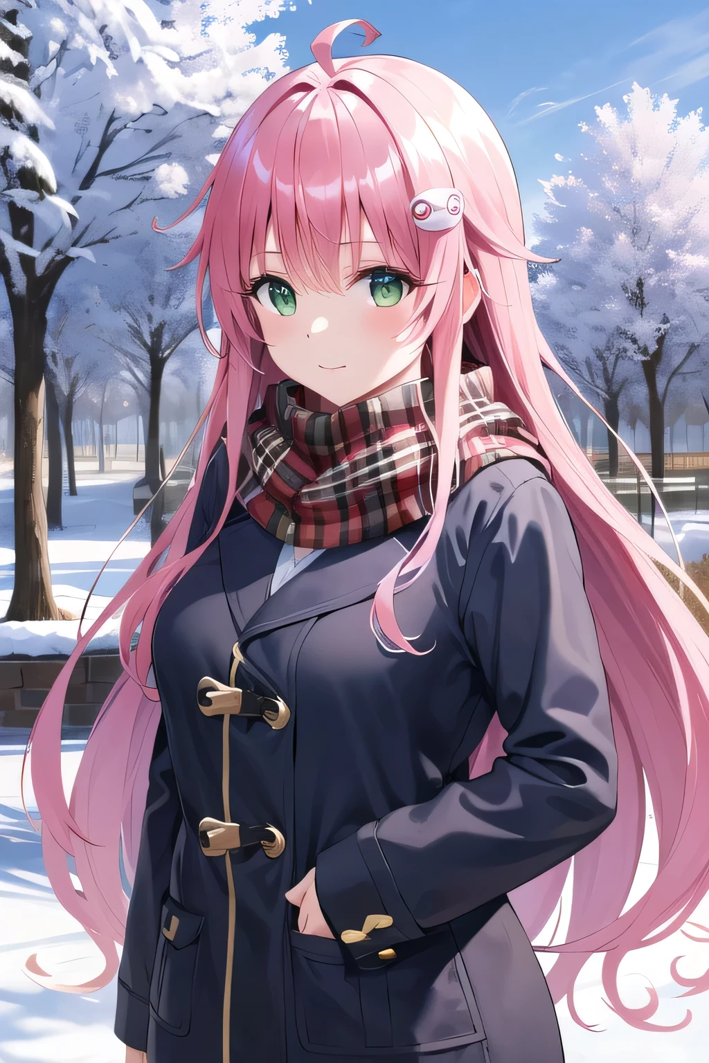 masterpiece, best quality, highres, aalala, long hair, ahoge, hair ornament, green eyes, breasts, winter clothes, scarf, park, outdoors