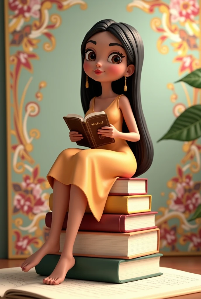 Comando: Create a 3D illustration of an animated Brazilian character sitting casually on top of "textbooks". The character must wear a long dress, black hair down to the shoulders and straight, brunette skin, slanted eyes, very fat and round, and holding a Bible. The background of the image is a beautiful page with the username "Amelia".