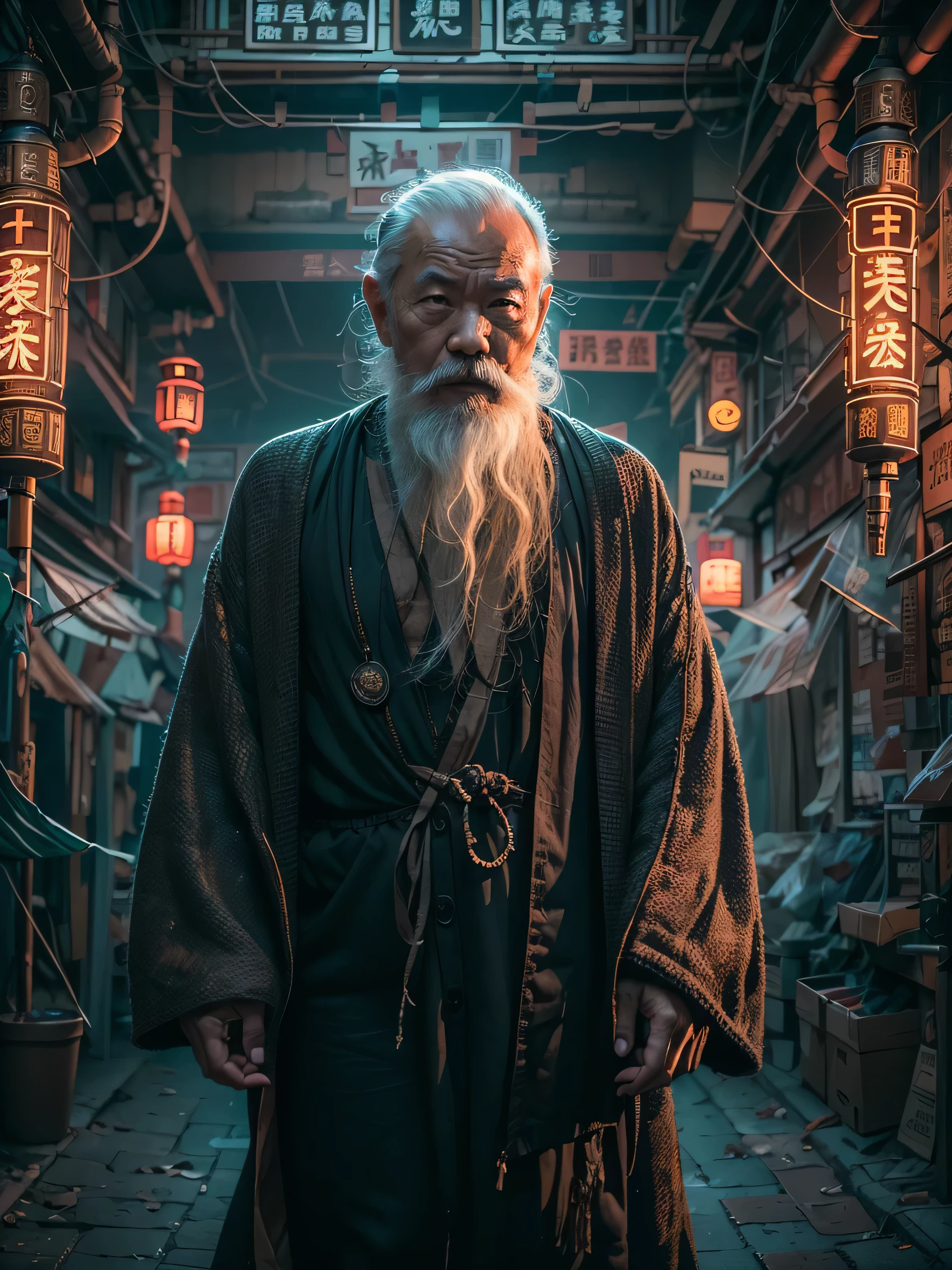 (((Masterpiece))), Best Quality,realistic perspective, High-resolution photograph,realistic details,sharp focus, A mysterious and wise old Chinese man with a long white beard is walking around in a dimly lit room. The room is decorated in a Chinese cyberpunk style, blending traditional elements like yin-yang symbols and dragon motifs with futuristic, neon-lit cyberpunk interior design. The atmosphere is mystical and shady, with hints of magic in the air. The man wise chinese man is walking around, exuding an aura of deep wisdom and hidden knowledge(extremely intricate:1.3),4k, 8k