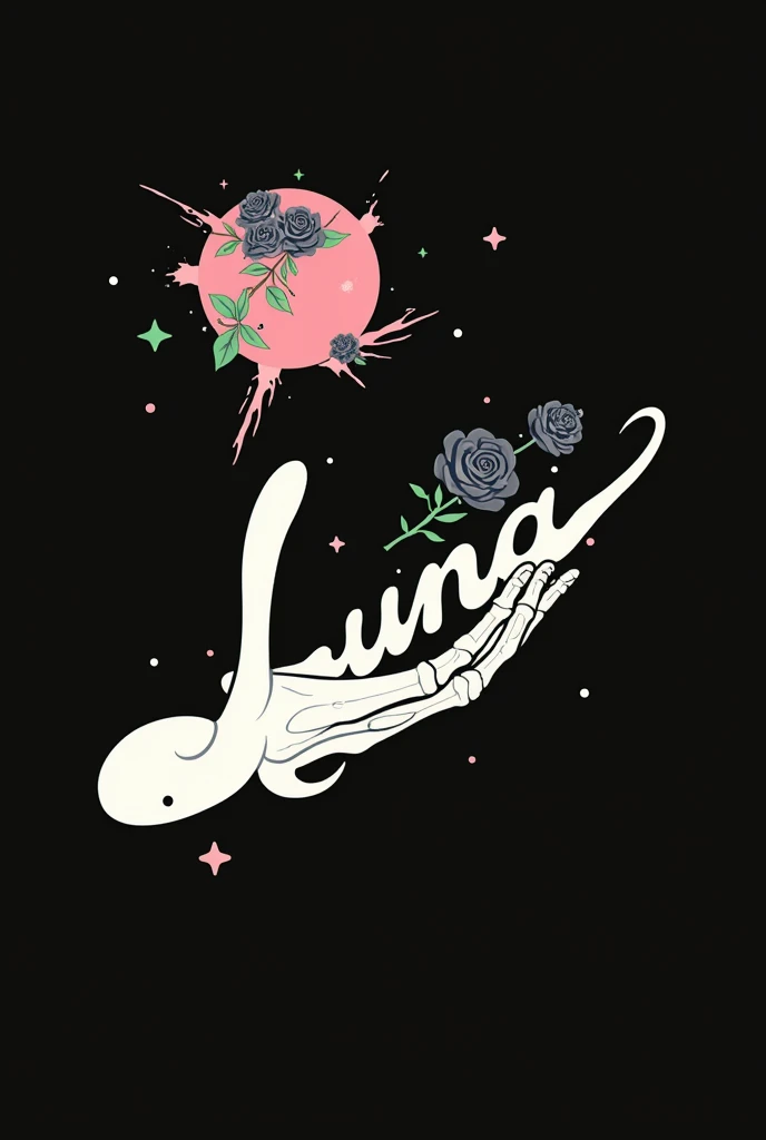 High resolution, logo spelling Luxury “Luna” , brand logo, LUNA”, shooting stars, acid trip inside “LUNA”, acid trip, hallucinations inside “LUNA”, Waves of hallucinations, hallucinations inside “LUNA”, Acid trip hallucinations inside “LUNA” , Waves of hallucinations inside “LUNA, splash, black roses with green leaves, blood moon, horror, white background, skeleton hand holding black rose, tattoo, 
