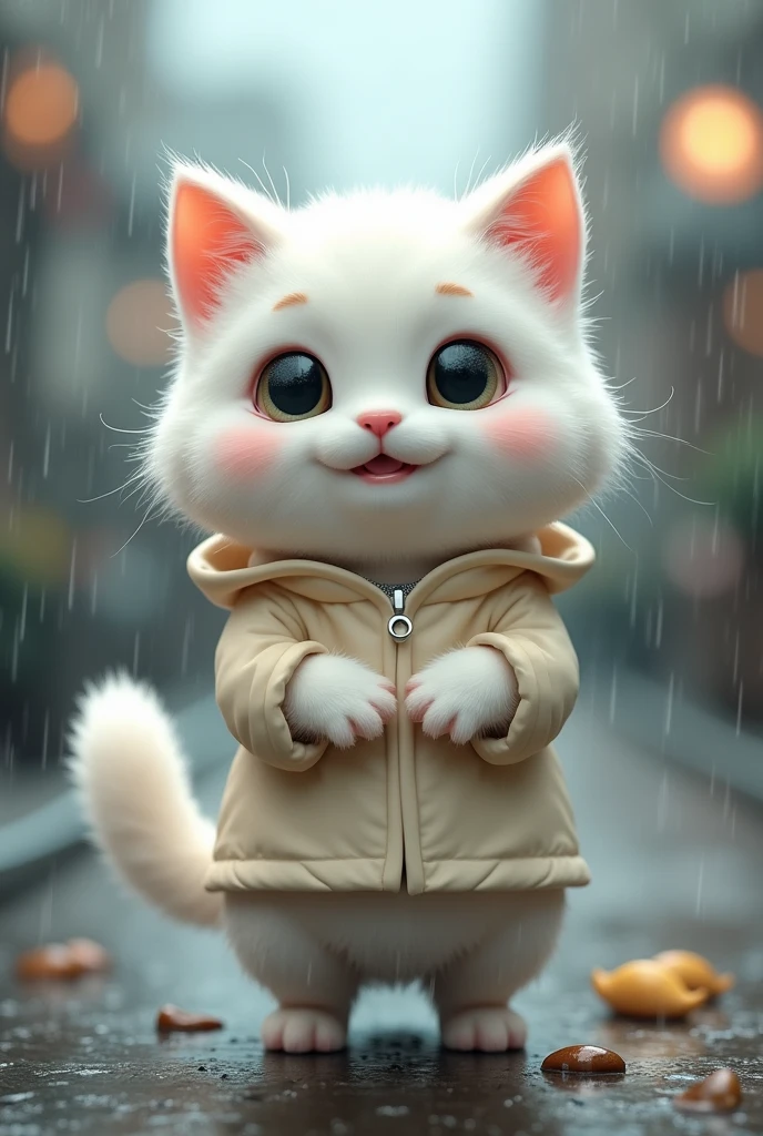 A small white cat standing facing forward with its front legs raised. It has large eyes and a cute, human-like expression.。Slightly larger head than body。limbs are short。A fluffy, large tail。
Wearing a cute raincoat。Glossy texture。
The background is outdoors in the rain

