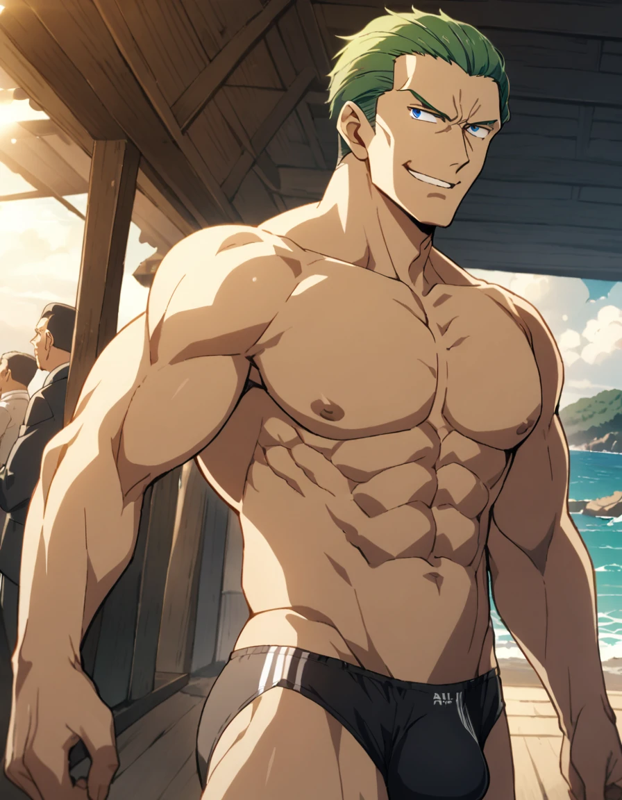 1man, mature dad in ail-soft style, dandy president, (olive moss hair), deepblue eyes, arafed spiky hair slicked back, ideal ratio body proportions, BREAK over 30s, elder producer, toned dilettante, high cheekbones, broad shoulder, square shaped face, handsome, beautiful detailed eyes, under 40s, beige skin CEO, BREAK BREAK solo focus, upperlegs, serious expression, 2000s, old hentai CG, in Ribahara Aki style, BREAK black swim bikini, topless, off shot, male nipples, abs, thigh, small bulge, BREAK cool smile, smart emotion, sexy posing, looking side, seaside, view from side, detailed background, BREAK depth of field, dutch angle, cinematic shadows, cinematic lighting, lens flare, light leaks, texture, absurdres absolutely resolution, extreme all detailed, greatest paint, BREAK masterpiece, best quality, BREAK score_9, score_8_up, score_7_up, source_anime, rating_safe, score_6_up, score_5_up, score_4_up