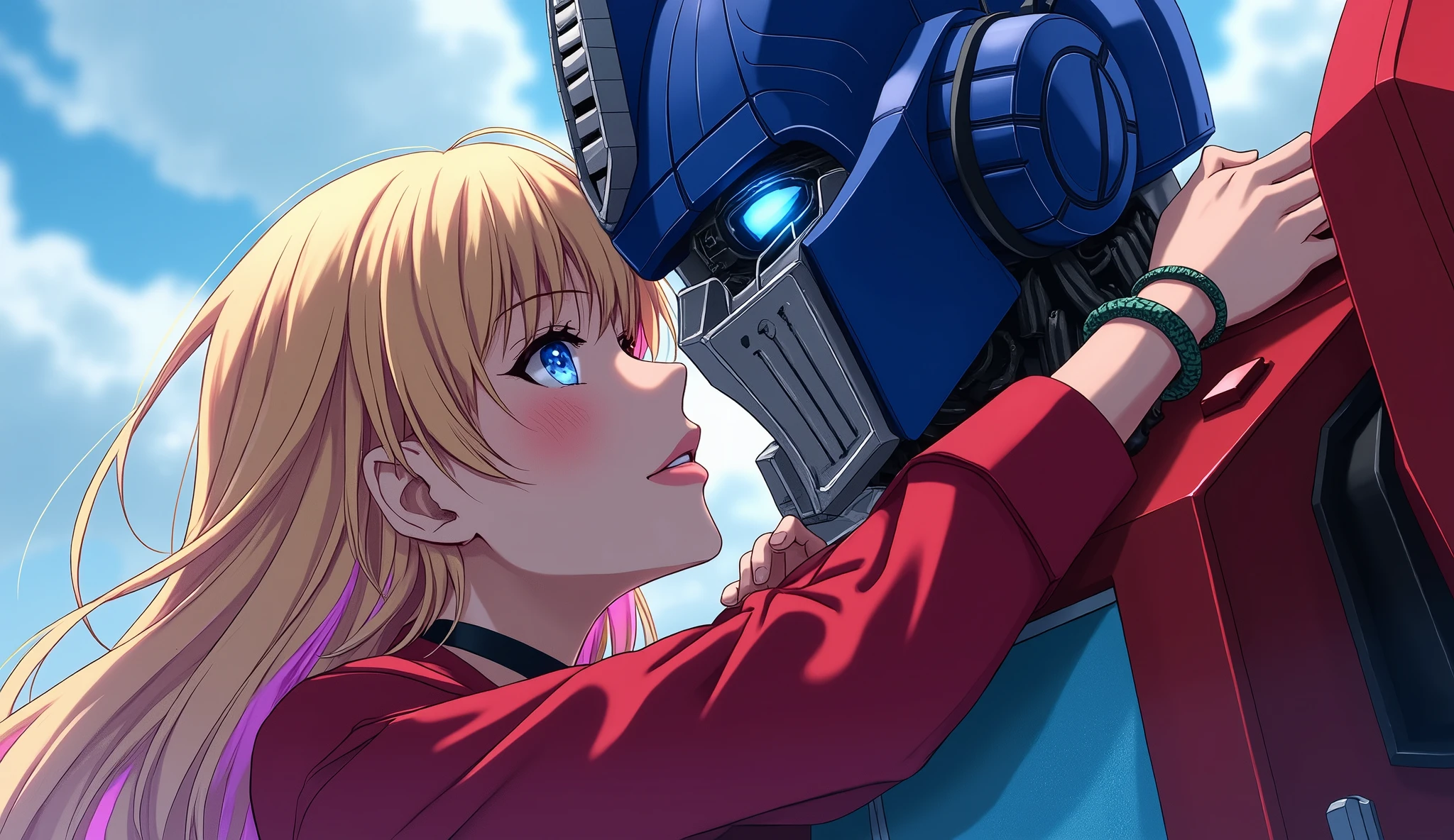 A beautiful girl with long blonde hair, pink hair, and Blue eyes passionately kissing a giant Autobot roboT, Optimus Prime, in a stunning masterpiece illustration. The girl, Rika Kawai, is wearing a red jacket and a choker, with multicolored hair. The scene is inspired by the アニメ series Rika Kawai WEP, depicting the fantastical and emotional encounter between the human and the mechanical giant. (best quality,4K,8k,highres,masterpiece:1.2),ultra-detailed,(realistic,photorealistic,photo-realistic:1.37),girl,1girl,blonde hair,pink hair,Blue eyes,multicolored hair,RikaKawaiR4,red jacket,choker,Optimus Prime,roboT,Autobot,giant,kiss,アニメ,Rika Kawai WEP,Rika Kawai One-Ex,epic,dramatic,cinematic,fantastical,emotional