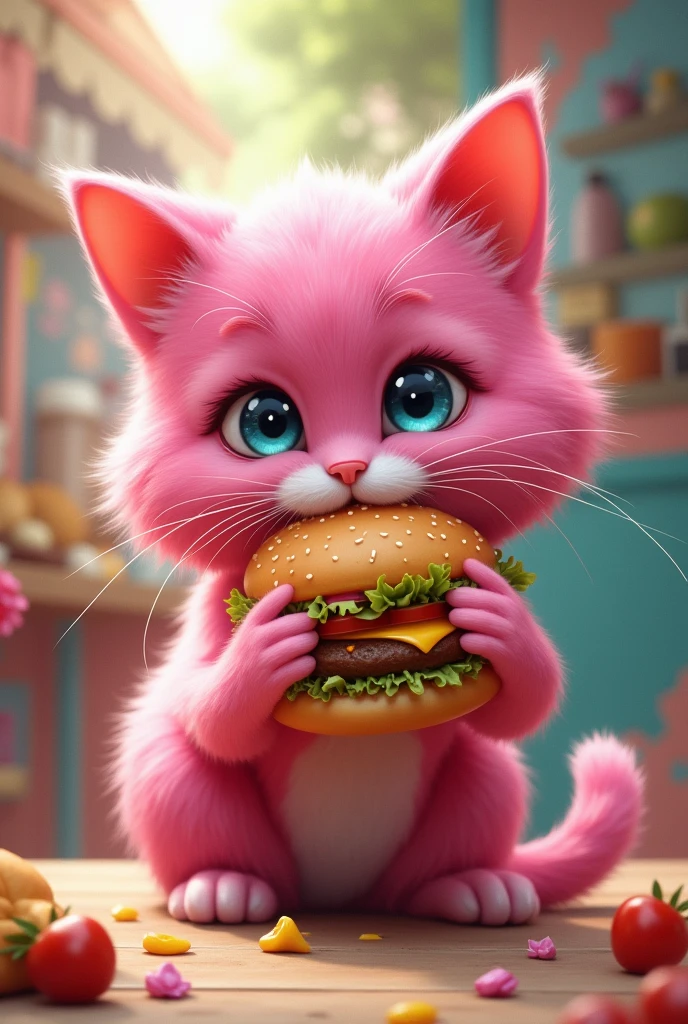 A pink cat eating a hamburger
