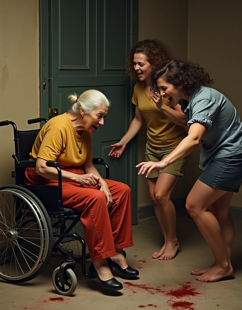 group of Italian girls kicking a disabled old lady in a wheelchair, bloody, painful, evil, dead dog, lady is screaming, girls are angry, Balthus