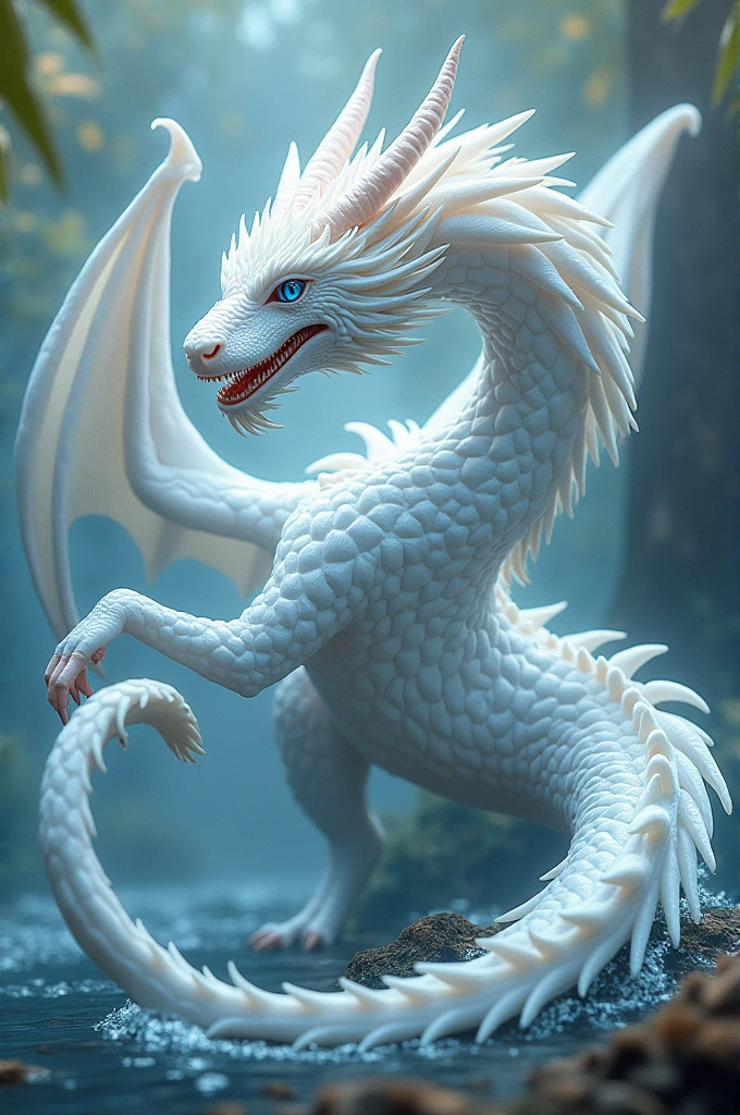 Beautiful 4 legged white dragon with wings and blue eyes, fierce features, sharp teeth, ling tail, spikes along head with water-like qualities.