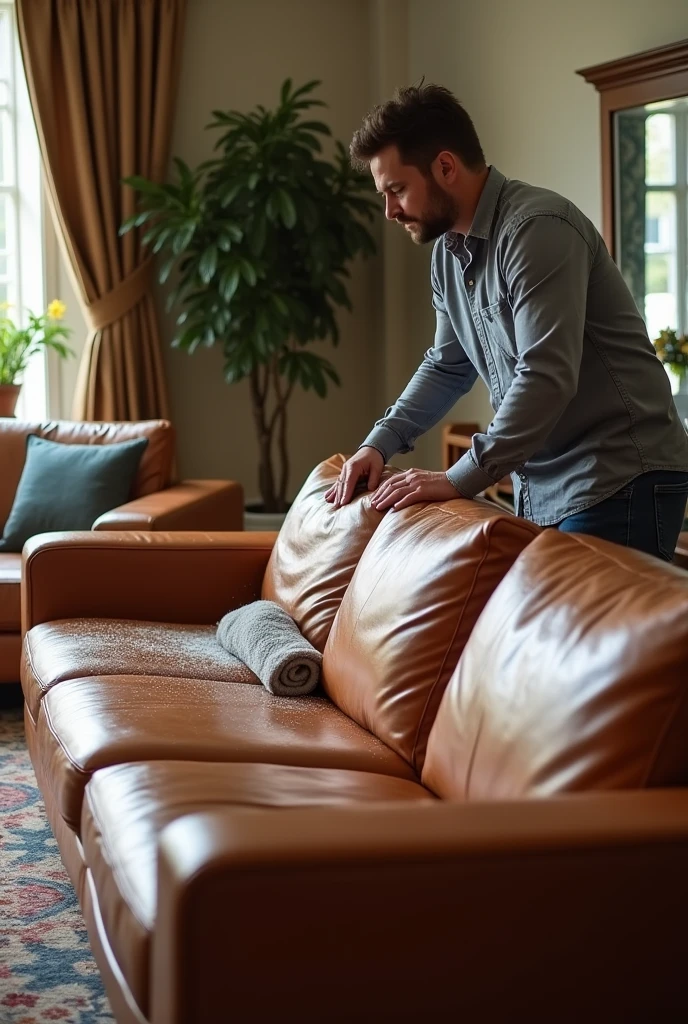 A person drying a sofa made of leather where half sofa is wet and the other half is dried due to drying with leather conditioner of a house which has nice interiors