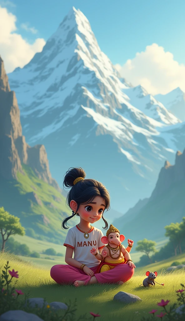 Create a digital artwork featuring a serene landscape with mountains in the background. In the foreground, depict a Child Girl sitting cross-legged, wearing modern clothing with her name, 'Manu' written on her T-shirt. Next to her, place Child Ganesha. A small mouse, Lord Ganesha's vehicle, should be sitting nearby Wow, you have caught a juicy laddu. Lord Ganesha should be adorned with traditional jewelry and clothing, exuding a divine and peaceful aura. The overall scene should blend elements of traditional spirituality with modern aesthetics, creating a harmonious and serene atmosphere."