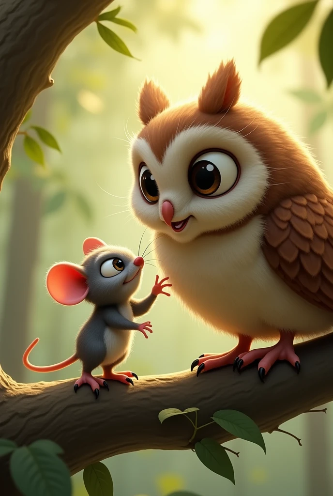 A mischievous little mouse named Chotu, with a playful expression, tugging gently on the feathers of a large owl sitting on a tree branch. The mouse is small and grey with bright, curious eyes. The owl has large, wise eyes and is slightly surprised but amused.