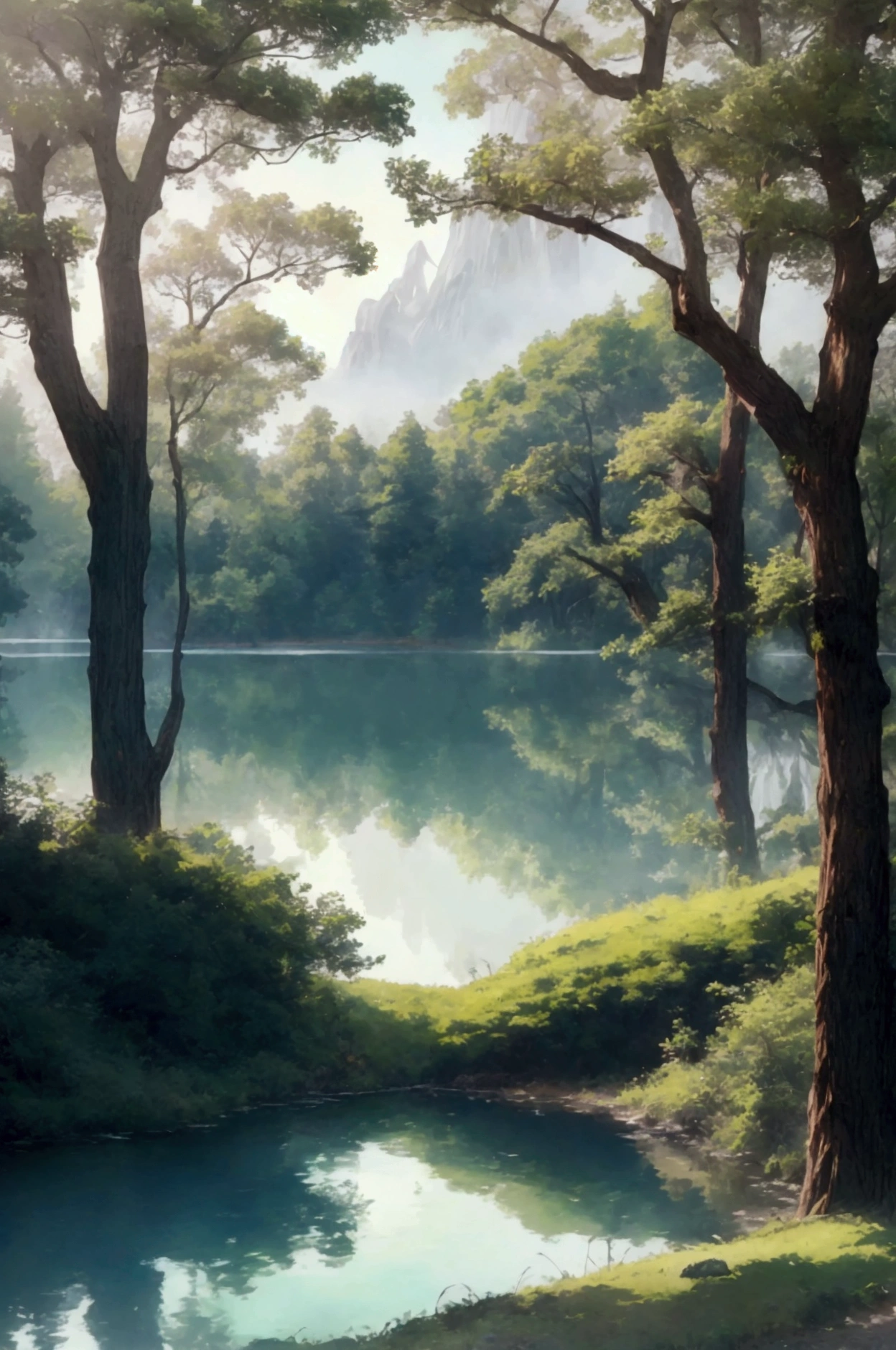 A huge forest (haze) Lord of the Rings Style( pastel colors) with a small lake with several huge trees and with a lot of density cinematic style film High quality, anime styling,