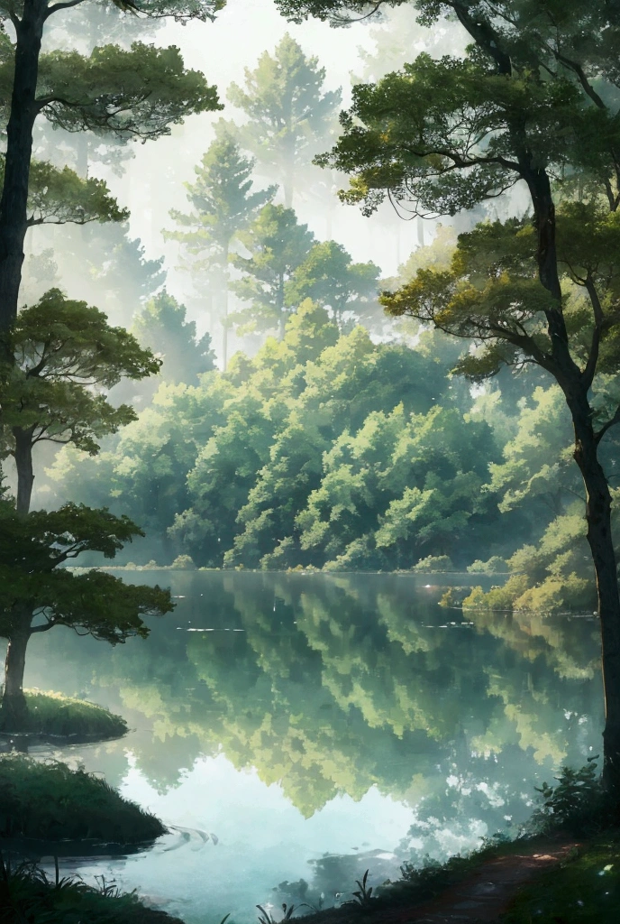 A huge forest (haze) Lord of the Rings Style( pastel colors) with a small lake with several huge trees and with a lot of density cinematic style film High quality, anime styling,