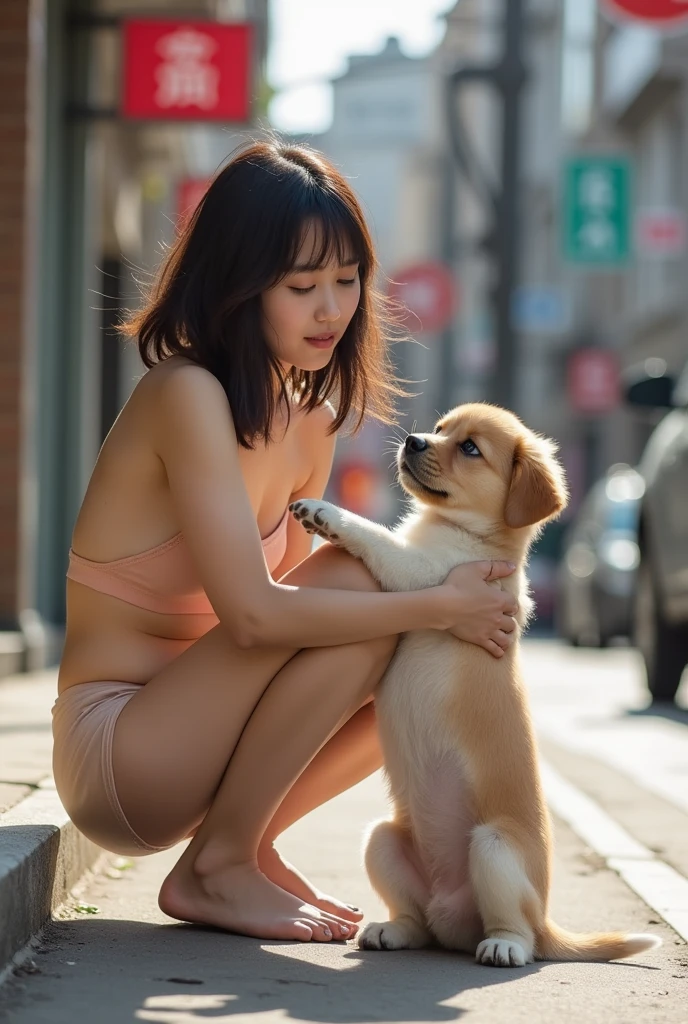 absurdres, RAW photo, extremely delicate and beautiful, masterpiece, Best Quality, ultra high resolution, 16k, hyperrealistic, realistic, photorealistic, photo-realistic, ultra-detailed, perfect anatomy, super Detailed skin, perfect figure, Very detailed CG 8k wallpaper, nude, pussy, shaved pussy, nipple, perfect nipple, perfect breast, round breast, perfect fingers, (full body :1.2), super white skin, standing, blushing, windy, sexy leg, smile, puffy hair, bangs, long leg, (nude girls), messy hair, flat bangs, sexy lips, cute hair, no bra, walking, from below, all hands down, open mouth, all nude,  all hands down, gold necklace,  small round breast, perfect small round breast, perfect pussy, vagina, nude, long leg, sexy denim skirt, topless, (many people walking on background), hourglass body, sunny day, nike sneakers, blonde hair, nike air jordan shoes, all nude girls,  all topless, breast out, all hands down, sunny day, flashing breast, open shirt, walking,  green colour hair, many photographer, sun, sunny day, open corset, no wearing panties, pussy, holding belt,  (big dog), walking with dog, pet, white dog, (dog: 1.5) , black dog, at japan street, slim body, 