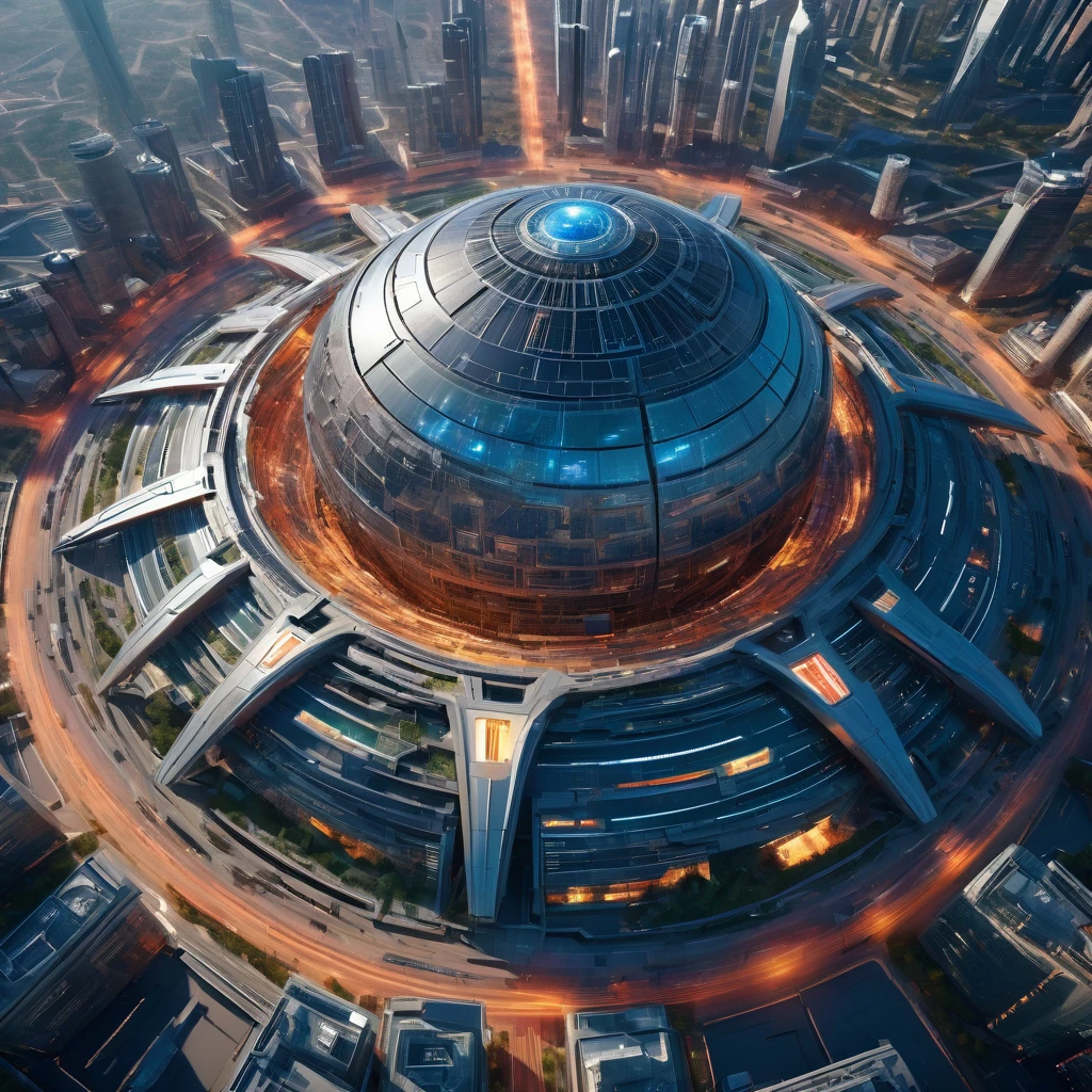 Giant structure of futuristic design, aerial view, ultra detailed,HD,8k,soft lighting, It serves as a shield generator for a planet.