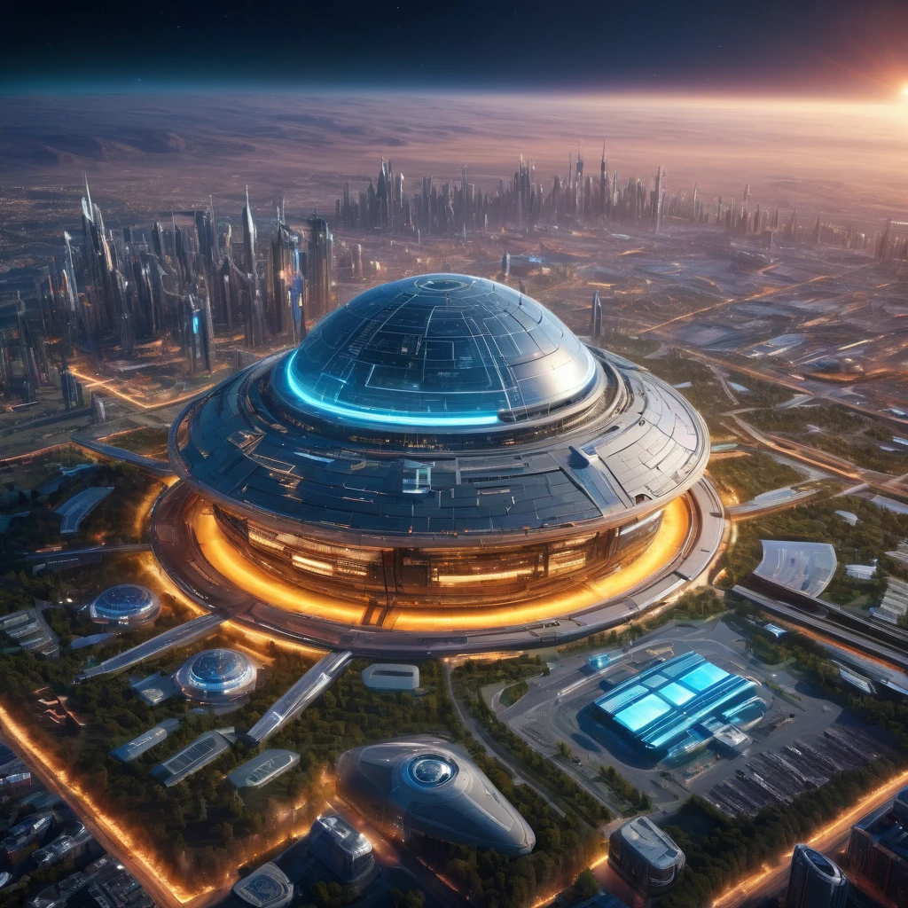 Giant structure of futuristic design, aerial view, ultra detailed,HD,8k,soft lighting, It serves as a shield generator for a planet.