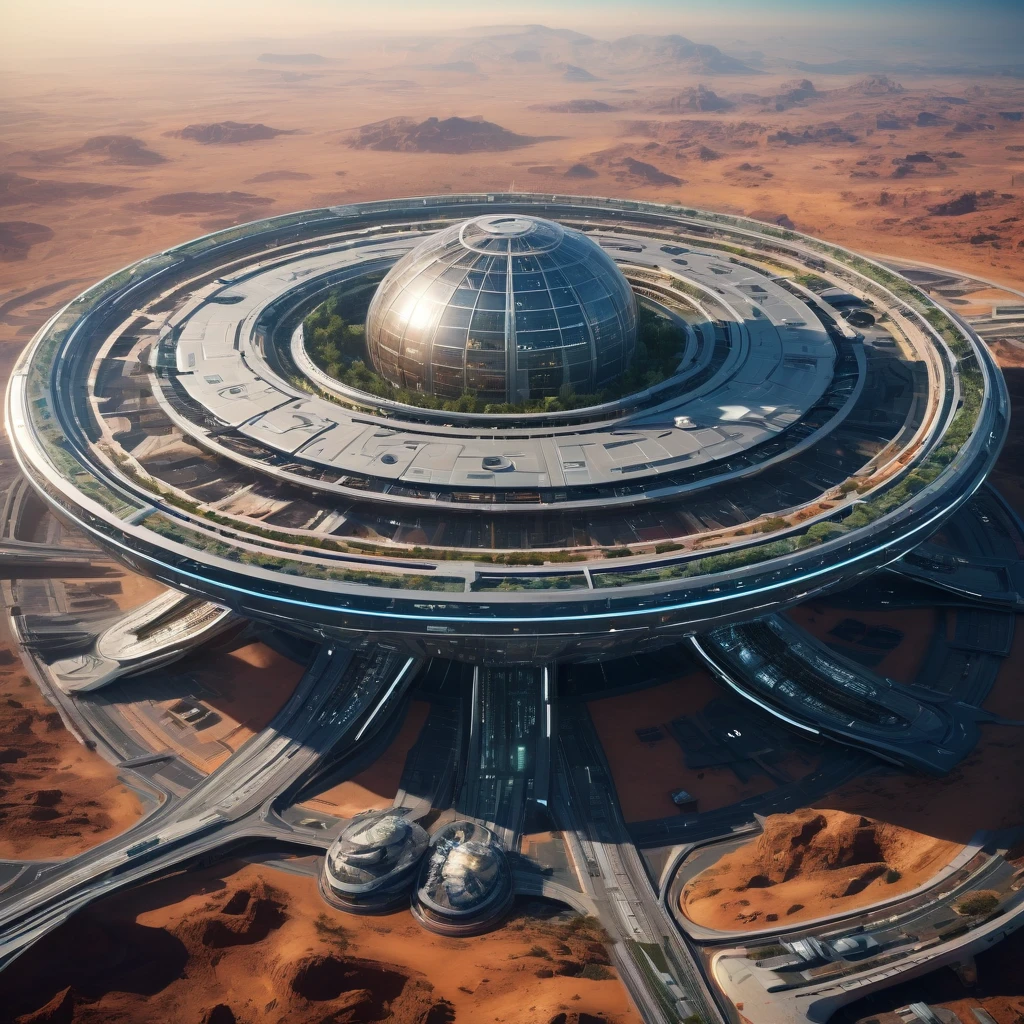 Giant structure of futuristic design, aerial view, ultra detailed,HD,8k,soft lighting, It serves as a shield generator for a planet.
