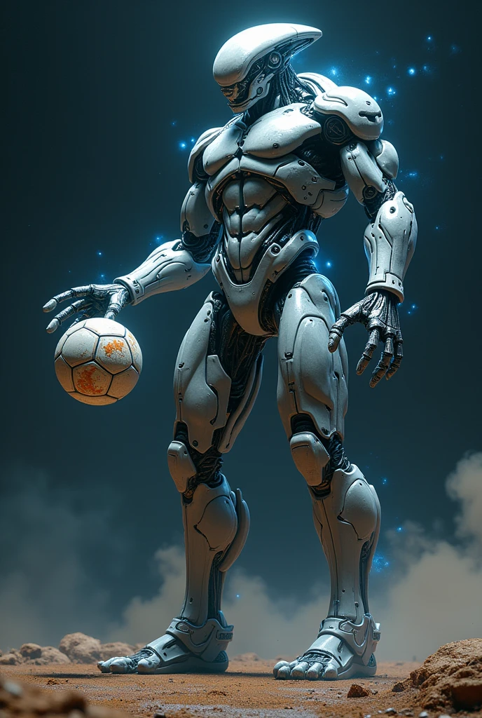 An alien soccer player, big, half alien, half robot. Holding a soccer ball in space
