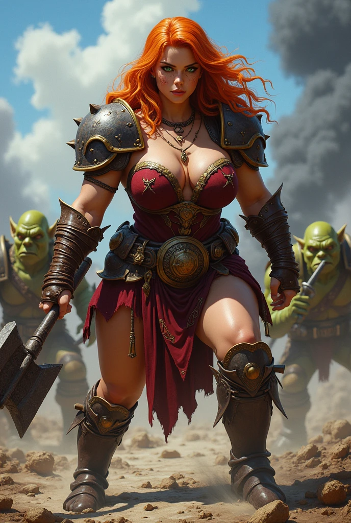 Close up of Dwarven woman, orange hair, maroon armor with gold trim, heavy armor, chubby cheeks, green eyes, freckles on cheeks, freckles on top of breasts, freckles on legs, she has a thin waist that emphasizes her ample bosom and wide hips and round bottom. the tops of her breasts spill out for her top. exterior background, blue sky, battleground, smoke, fire, fighting. Show her holding a war hammer, fighting a group of goblins crouched in a battle stance. She has an intense focused look on her face ready to face the threats around her. goblins surround her, surrounded by green goblins. super high quality, super high detail, masterpiece, 4k, 8k, HDR, masters of the universe, vibrant colors, dark shadows, dim lighting, 3DMM
