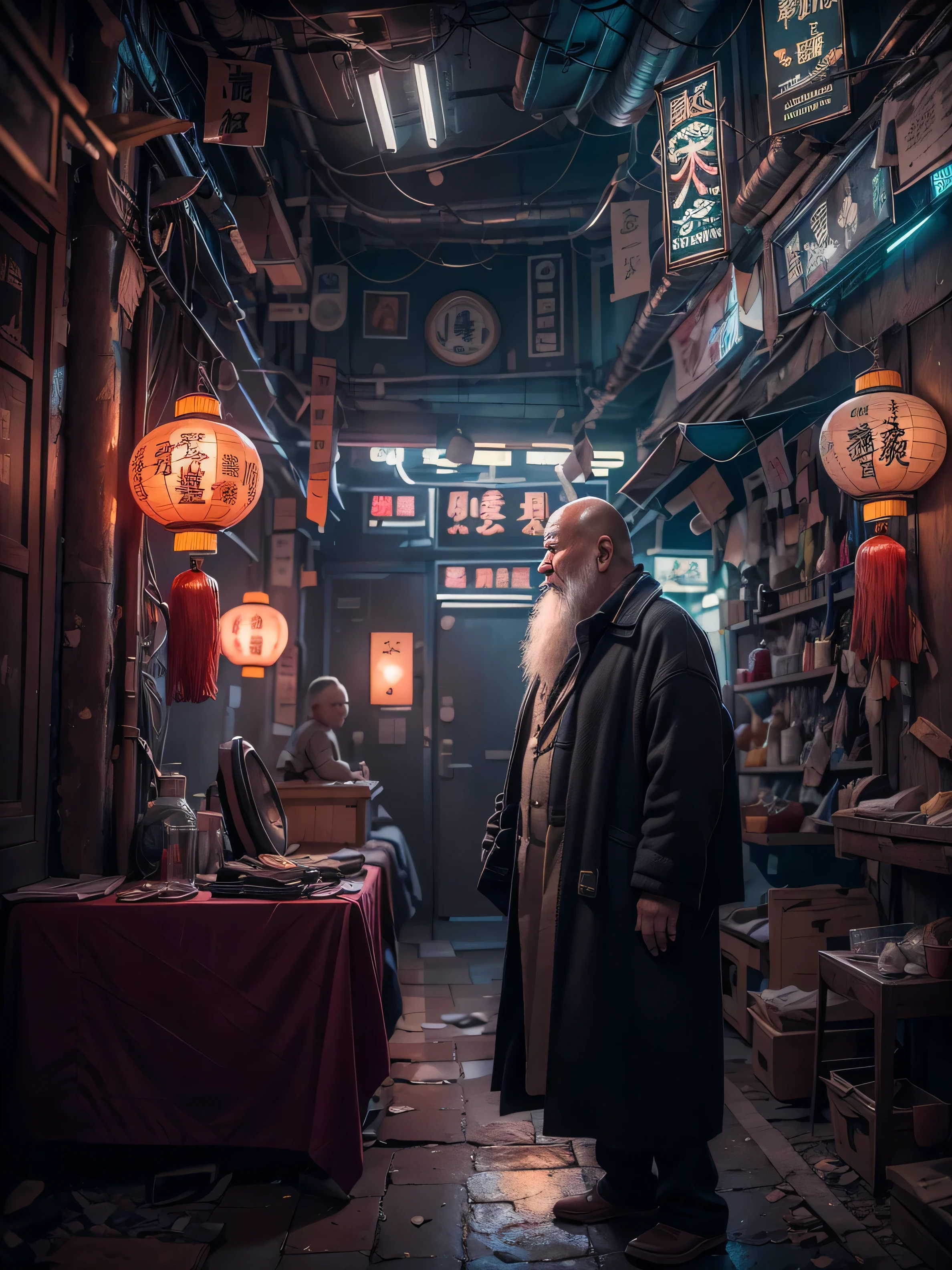 (((Masterpiece))), Best Quality,realistic perspective, High-resolution photograph,realistic details,sharp focus, A mysterious and wise old Chinese man with a long white beard is walking around in a dimly lit room. Pointing to a direction with his arm. The room is decorated in a Chinese cyberpunk style, blending traditional elements like yin-yang symbols and dragon motifs with futuristic, neon-lit cyberpunk interior design. The atmosphere is mystical and shady, with hints of magic in the air. The man wise chinese man is walking around, exuding an aura of deep wisdom and hidden knowledge(extremely intricate:1.3),4k, 8k