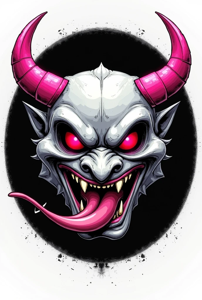 An illustrative style sketch of an oni mask, with a tongue sticking out. The style is gray, with pink details on the horn, teeth and tongue. The mask has a rounded black background".