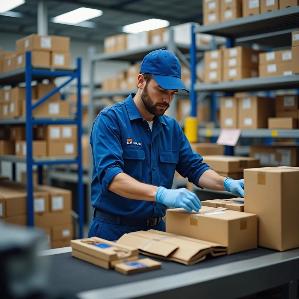 A realistic and professional scene depicting a man working as a goods packer-assembler (fasovshchik-komplektovshchik) in the process of non-core fulfillment tasks. The man is dressed in a blue uniform, which includes a work shirt, pants, and possibly a cap, indicating his professional role. He is focused on sorting, packing, and preparing various products at a workstation or on a conveyor belt. The setting is a well-organized warehouse or fulfillment center, with shelves of products, packing materials, and tools visible in the background. The man is handling diverse tasks, reflecting the non-core fulfillment nature of his work. The overall atmosphere is one of efficiency and professionalism, with attention to detail and a high level of expertise in the fulfillment process