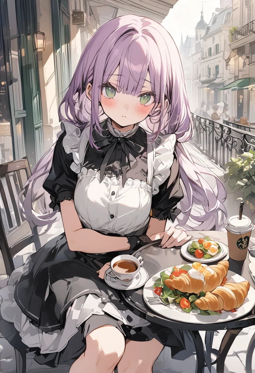 ((best quality, high resolution)), (delicate illustration), (vividcolor style illustration:0.9), (watercolor style illustration:0.4), ((beautiful:1.3)), 4k,
(((a beautiful women))), masterpiece, detailed depiction, official art, humorous touches, breasts:0.7, dark green eyes, (blush), ((Black maid outfit,)), long Hair, pale purple,low-twintails,blunt bangs, small breast,A girl pulls out a table and chairs and invites people to sit down. On the table are fried eggs, vegetable salad, croissants, and coffee.. (((Cafe Terrace:1.3))), ((glance upward at viewer)), cowboy shot,