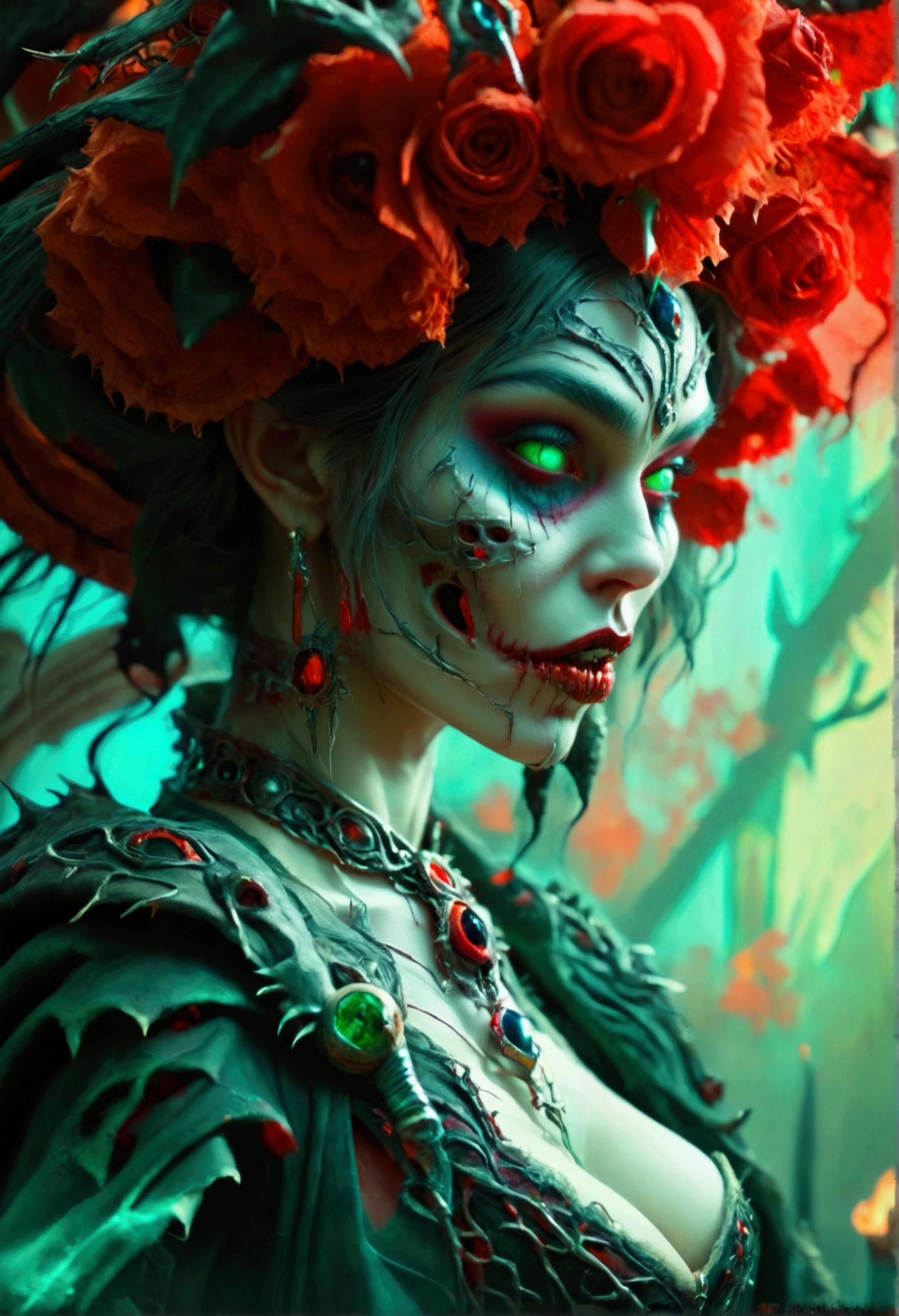 Create an image of a horrific sadistic grotesque Sexy seductive baba yaga, undead head, seductive pose