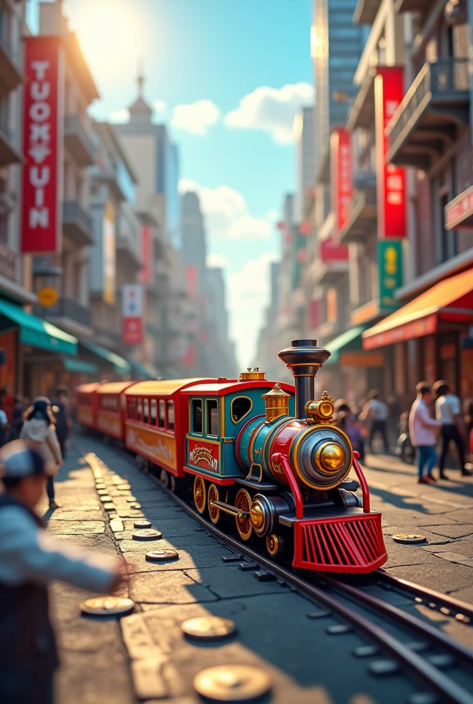 A toy train in city running at centre of the city