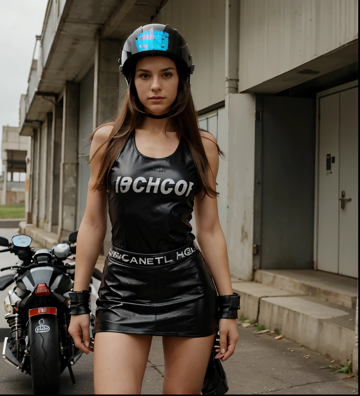 A woman with long hair, wearing a tank top, wearing a motorcycle racing suit on the outside, a leather skirt, and holding a racing helmet on one side.