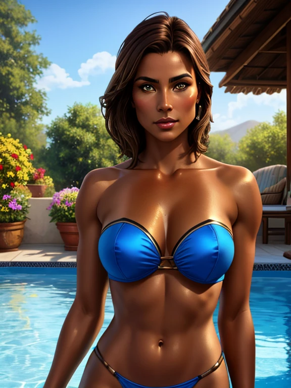 A breathtaking masterpiece that brings photorealism to life with exceptional attention to detail. (1female), (Mixed race Guatemalan-Navajo), (24yo:1.2), (Short brown hair:1.3), (Yellow colored irises:1.2), (tanned bronze skin:1.4) BREAK (Wearing: Blue strapless bikini, blue bikini bottom, golden bracelets) BREAK looking at viewer, calm expression BREAK strong muscles, skin covered in cuts and scars, sweaty skin BREAK (Background: Outdoors, bright blue sky, backyard, swimming pool) BREAK highest quality, ultra-high resolution, absurdity, realistic, physically based rendering, cinematic lighting, complex and cinematic appearance, cinematic soft light, soothing tone, photorealistic, cowboy shot, dynamic angle