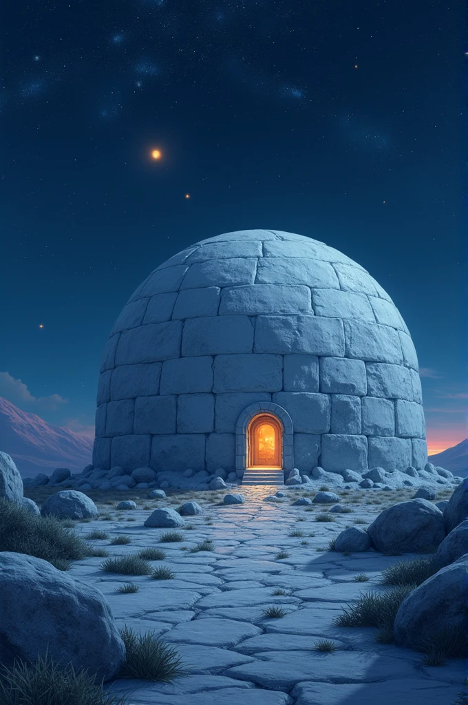 Illustration of a giant dome made of white stones at night