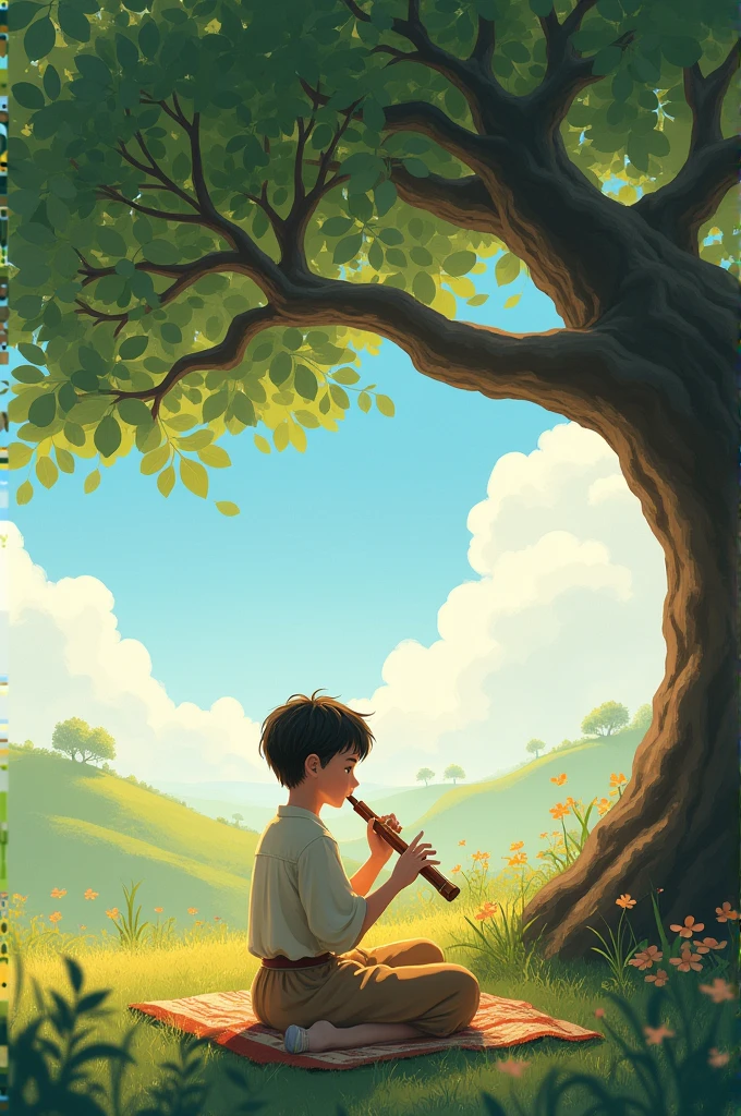 Give ma picture of a boy playing flute while relaxing in the shade of a tree.