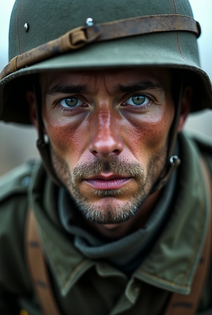 powerful vintage wet-plate close-up portrait photo of a soldier, World War 2, authentic film grain, daguerreotype style, 35mm photo, cinematic lighting, atmospheric, high detail, masterpiece photography by Alessio Albi and Charlie Bowate
