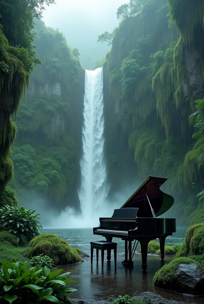 A waterfall with a piano on a rainy day in size 16:9