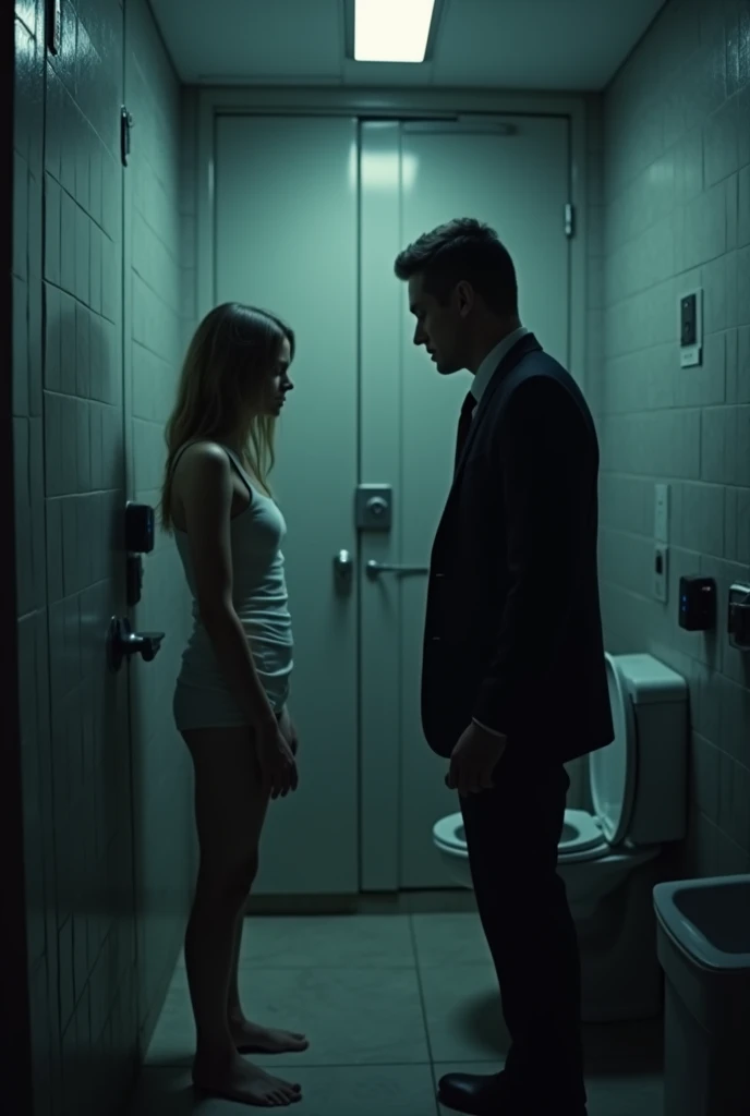 A girl is standing a man is shooting a video and watching while glued to a hidden camera in a bathroom Images of dark and gloomy rooms: Images that give the impression of a scary or unfamiliar environment. Censored or blurred images: which give a hint of reality, but do not provide clear details. Pictures of locks and security systems: which show the importance of security and privacy.