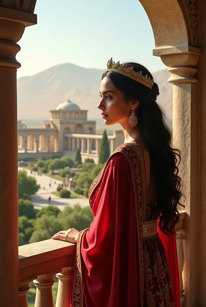 An authentic Iranian woman with a crown, jewels and gold earrings looks at Persepolis from the balcony of her palace.