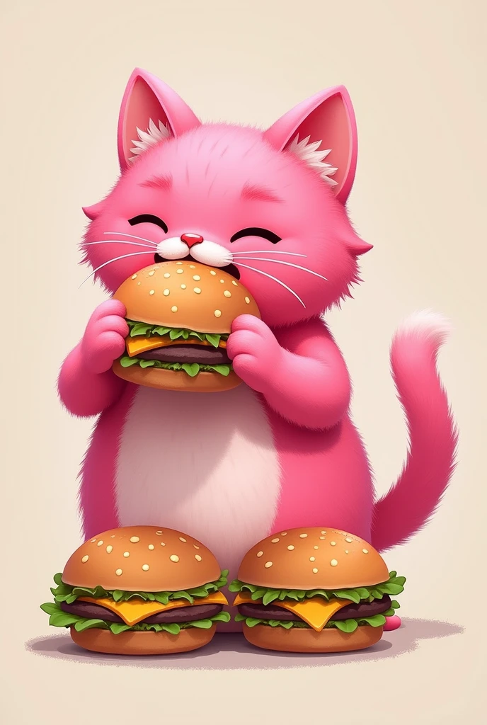 A male pink cat eating hamburgers
