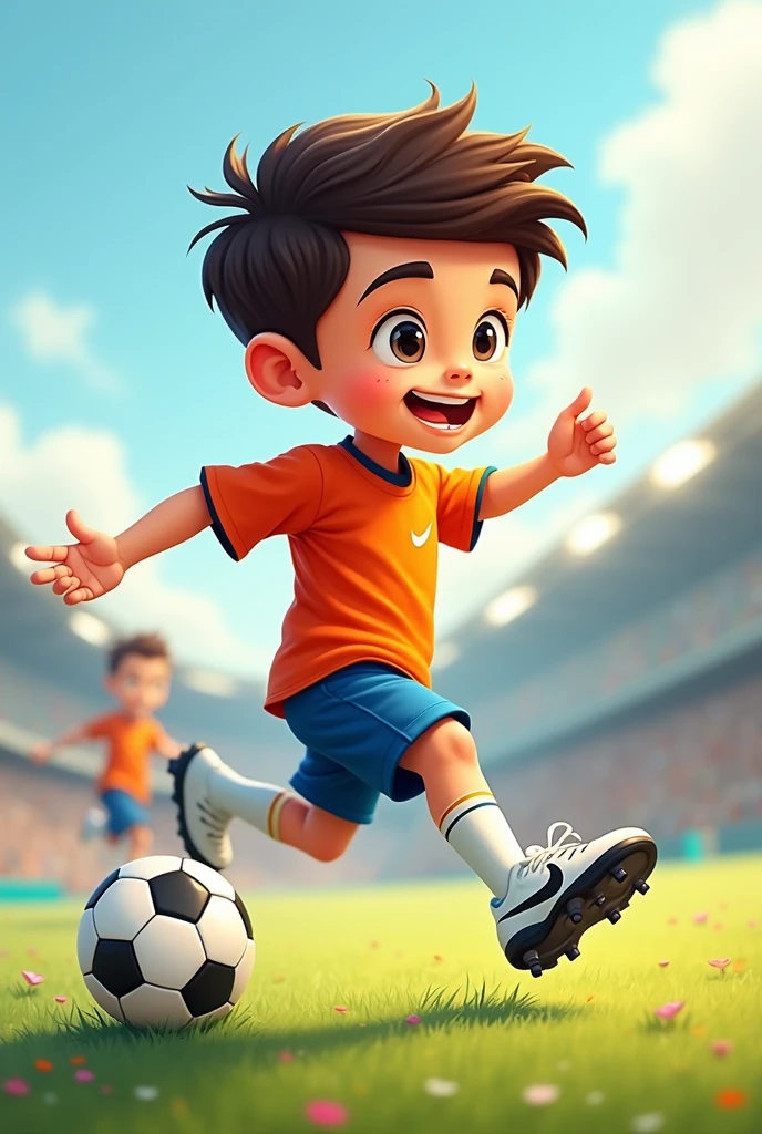 Create a profile picture of a boy playing football and add original, clearly visible Nike football boots white with black Nike swoosh and has the foot on the ball. He has dark brown hair and two halves are styled to the side. Bitte in cartoon