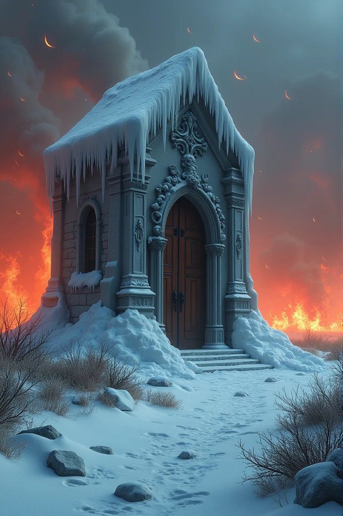 A no people image over a frozen Crypt of the burning field
